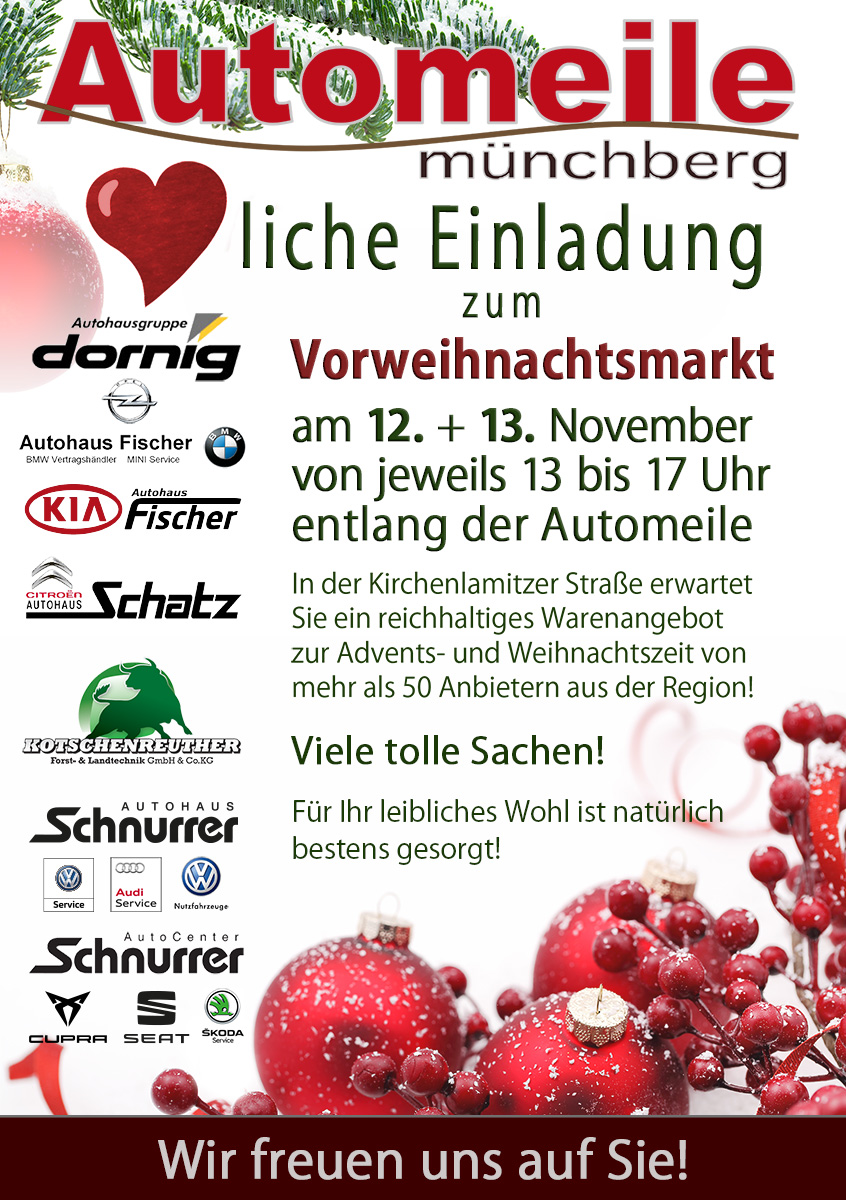 Flyer des Weihnachtsmarktes der Automeile Münchberg am 12. und 13. November 2022 mit allen Teilnehmern. 