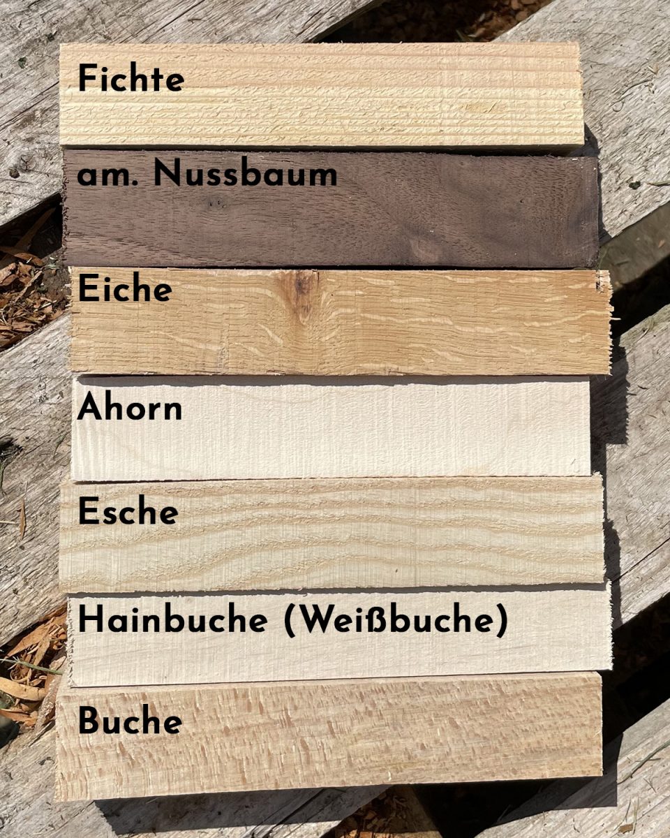 Fichte, am. Nussbaum, Eiche, Ahorn, Esche, Hainbuche und Buche wurden als Holzsorten gewählt.
